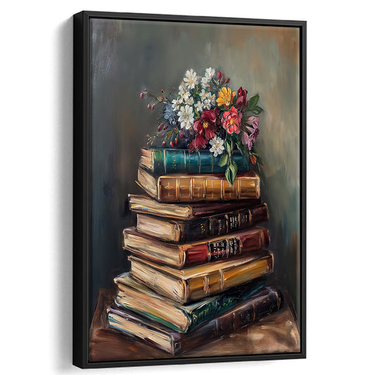 Moody Vintage Books Oil Painting Vintage Print Cottagecore Flowers, Framed Canvas Print Wall Art, Floating Frame