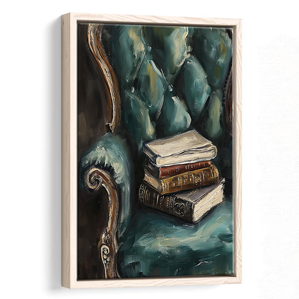 Moody Vintage Books Oil Painting,Vintage Antique Print, Framed Canvas Print Wall Art, Floating Frame