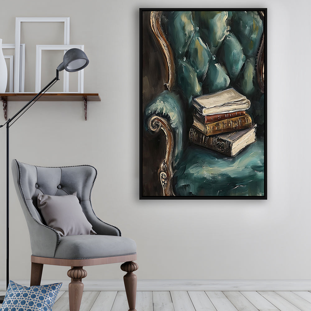 Moody Vintage Books Oil Painting,Vintage Antique Print, Framed Canvas Print Wall Art, Floating Frame