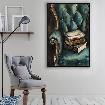 Moody Vintage Books Oil Painting,Vintage Antique Print, Framed Canvas Print Wall Art, Floating Frame
