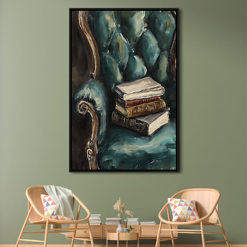 Moody Vintage Books Oil Painting,Vintage Antique Print, Framed Canvas Print Wall Art, Floating Frame