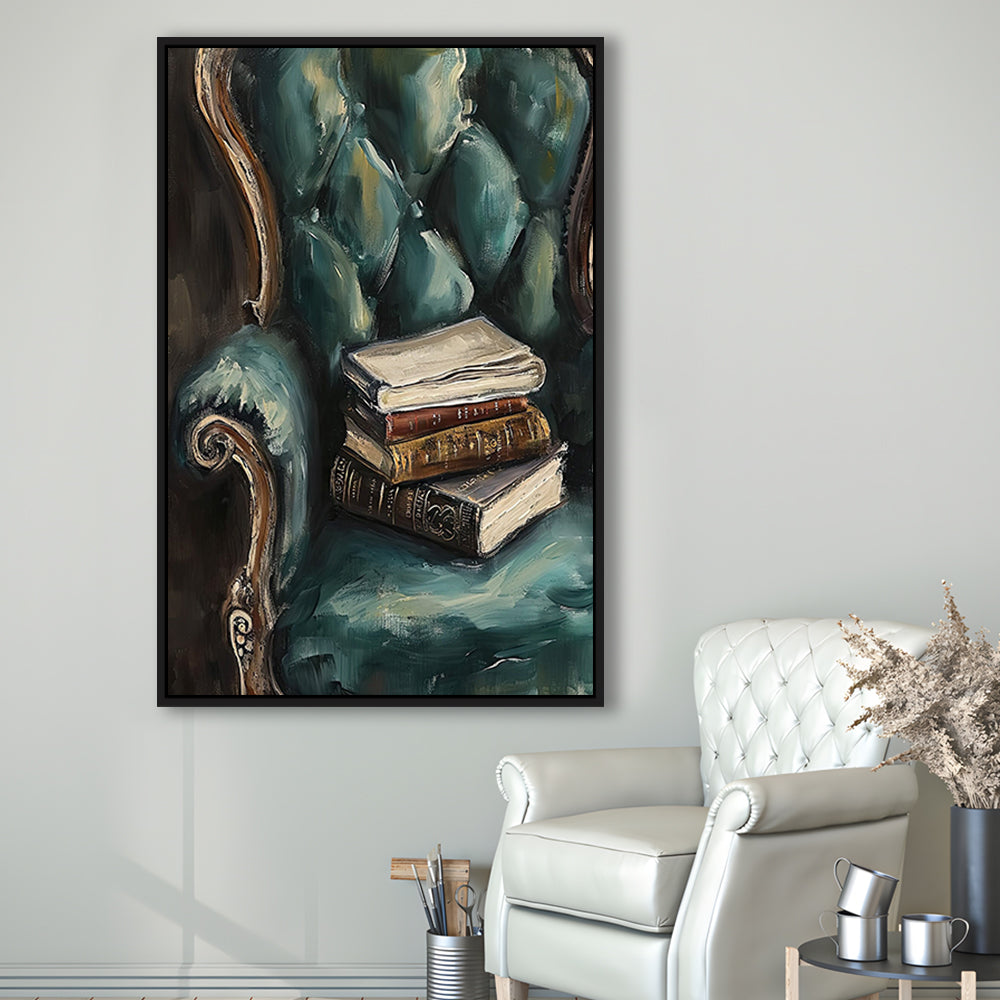 Moody Vintage Books Oil Painting,Vintage Antique Print, Framed Canvas Print Wall Art, Floating Frame