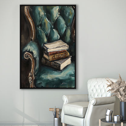 Moody Vintage Books Oil Painting,Vintage Antique Print, Framed Canvas Print Wall Art, Floating Frame