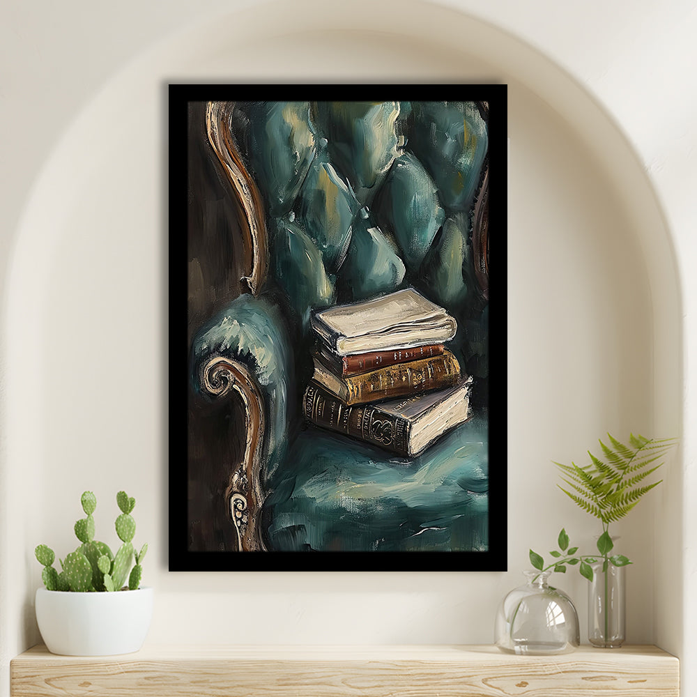 Moody Vintage Books Oil Painting,Vintage Antique Print, Framed Art Print Wall Decor, Picture Framed