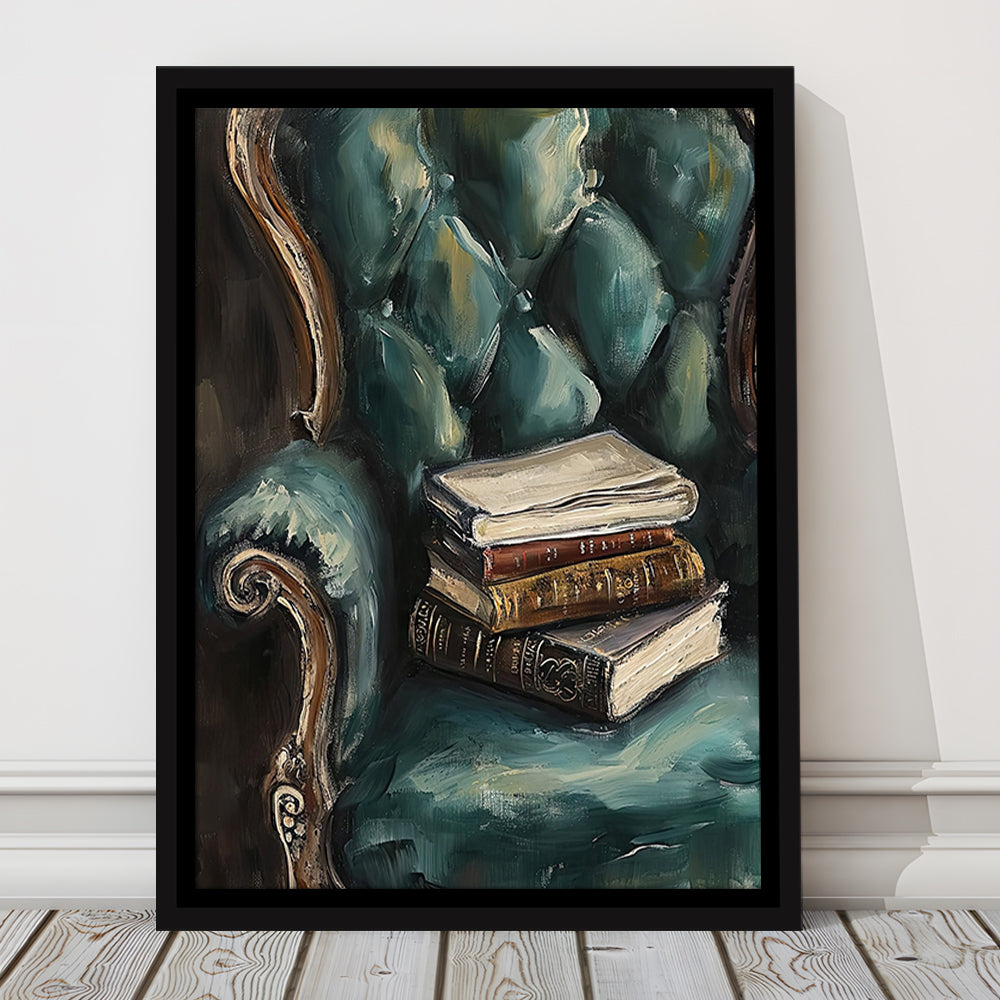 Moody Vintage Books Oil Painting,Vintage Antique Print, Framed Canvas Print Wall Art, Floating Frame