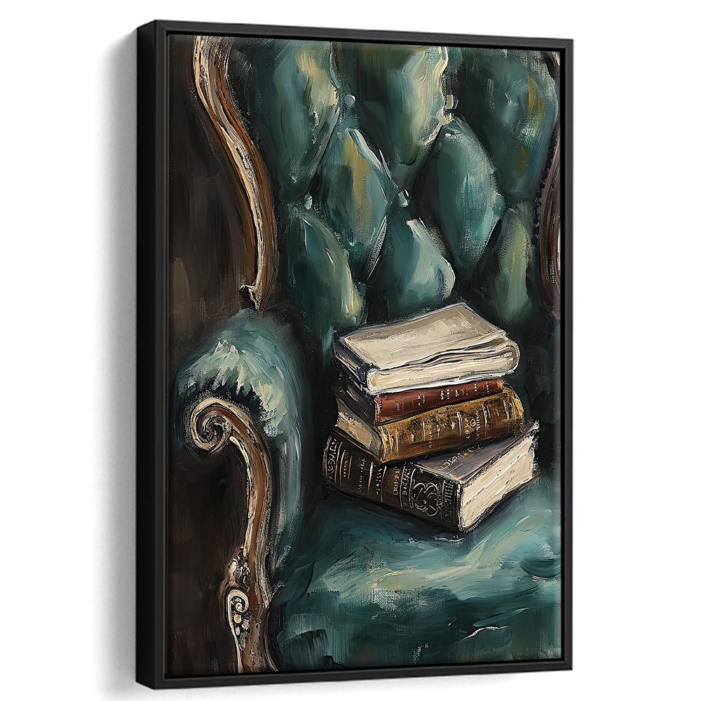 Moody Vintage Books Oil Painting,Vintage Antique Print, Framed Canvas Print Wall Art, Floating Frame