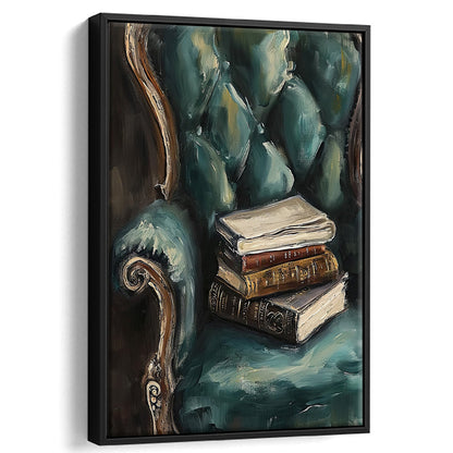 Moody Vintage Books Oil Painting,Vintage Antique Print, Framed Canvas Print Wall Art, Floating Frame