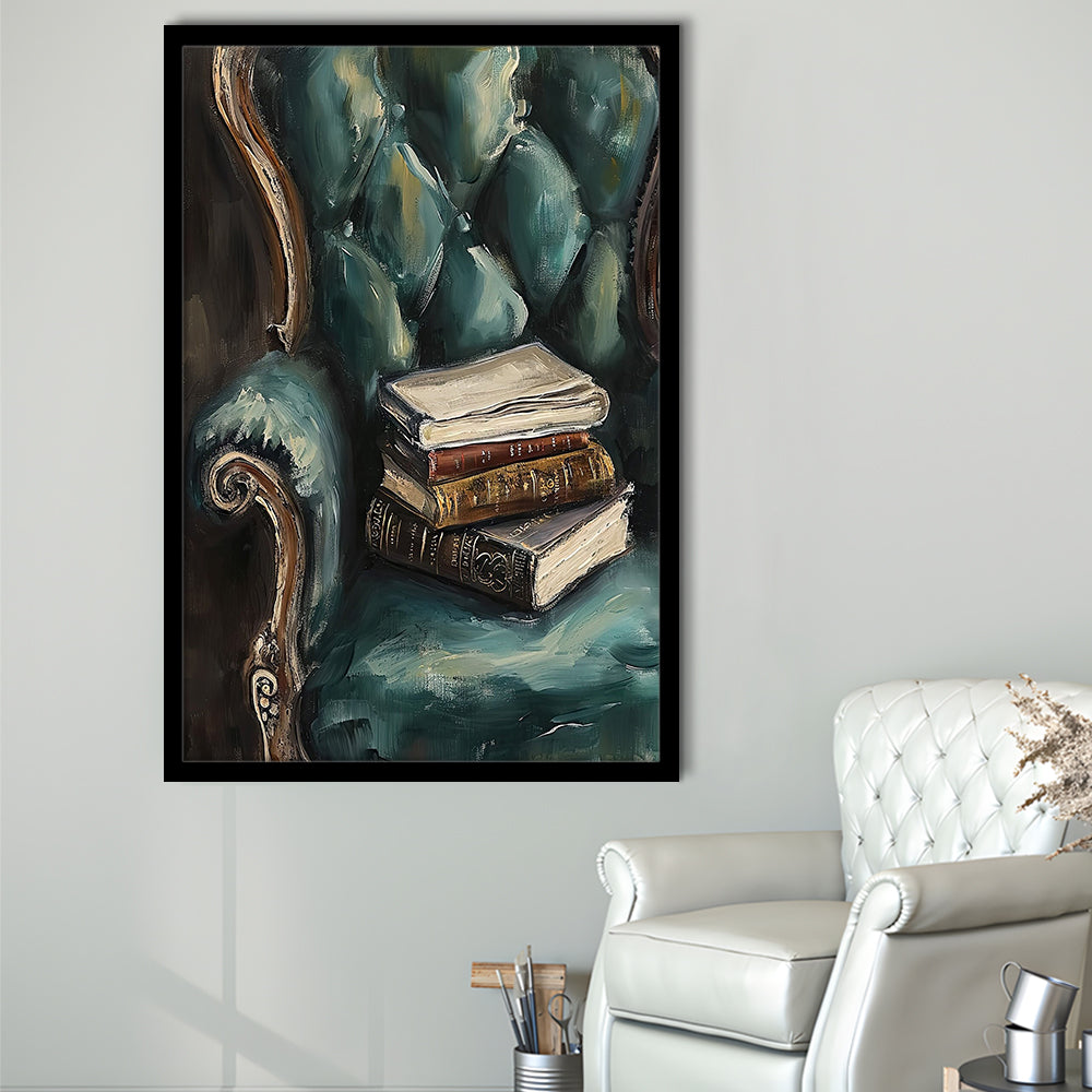 Moody Vintage Books Oil Painting,Vintage Antique Print, Framed Art Print Wall Decor, Picture Framed