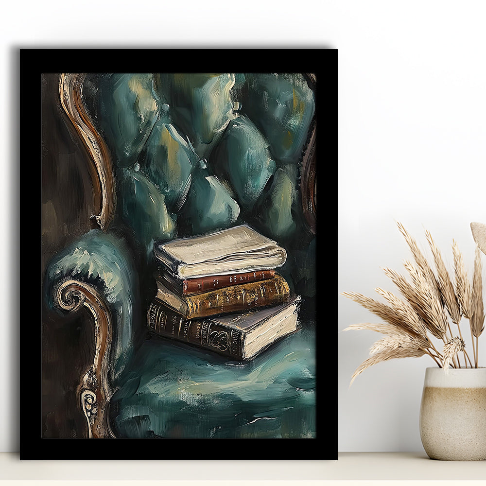 Moody Vintage Books Oil Painting,Vintage Antique Print, Framed Art Print Wall Decor, Picture Framed
