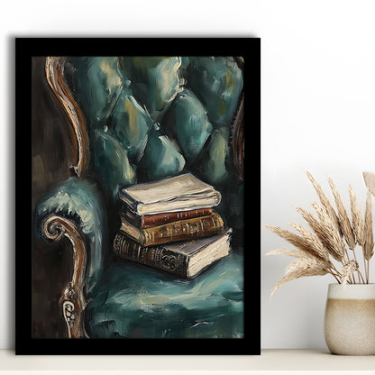 Moody Vintage Books Oil Painting,Vintage Antique Print, Framed Art Print Wall Decor, Picture Framed