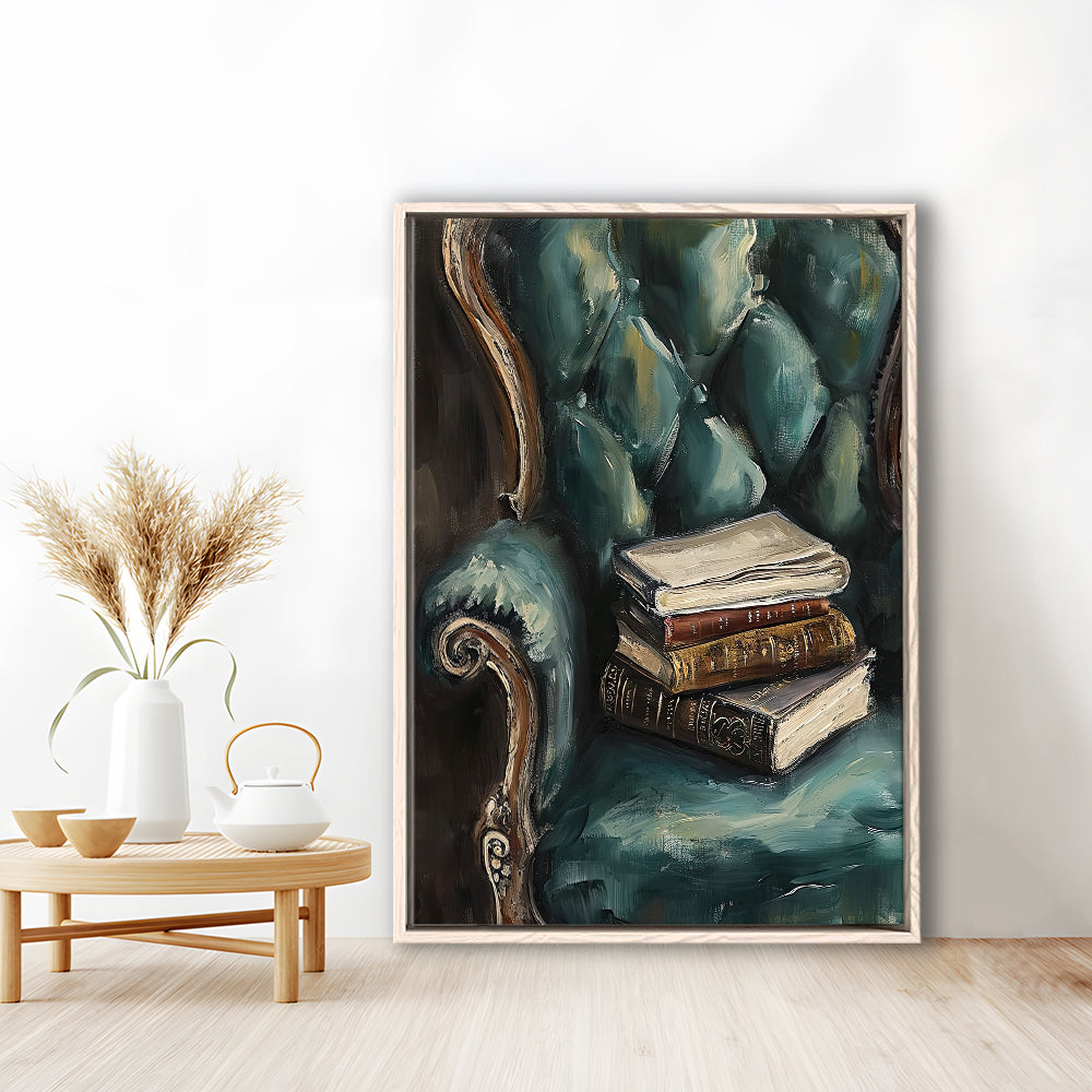 Moody Vintage Books Oil Painting,Vintage Antique Print, Framed Canvas Print Wall Art, Floating Frame
