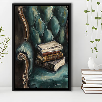 Moody Vintage Books Oil Painting,Vintage Antique Print, Framed Canvas Print Wall Art, Floating Frame