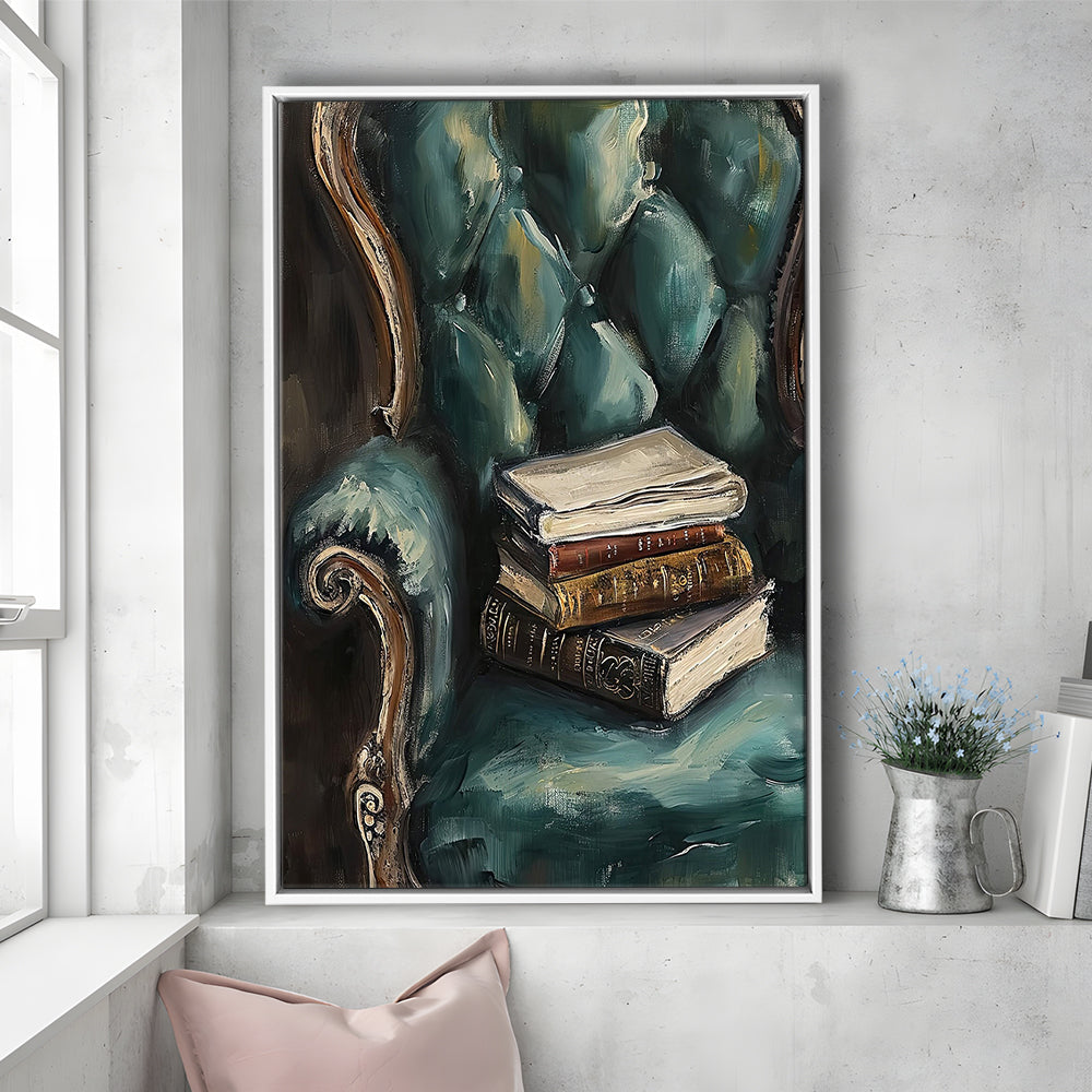 Moody Vintage Books Oil Painting,Vintage Antique Print, Framed Canvas Print Wall Art, Floating Frame