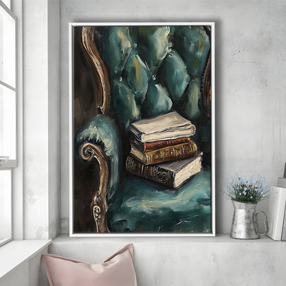 Moody Vintage Books Oil Painting,Vintage Antique Print, Framed Canvas Print Wall Art, Floating Frame