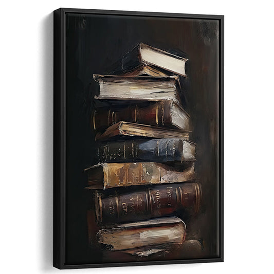 Moody Vintage Books Oil Painting,Vintage Print,Cottagecore,Library Decor, Framed Canvas Print Wall Art, Floating Frame