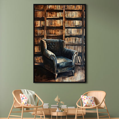 Moody Vintage Library Oil Painting Vintage Antique Print Books Art, Framed Canvas Print Wall Art, Floating Frame