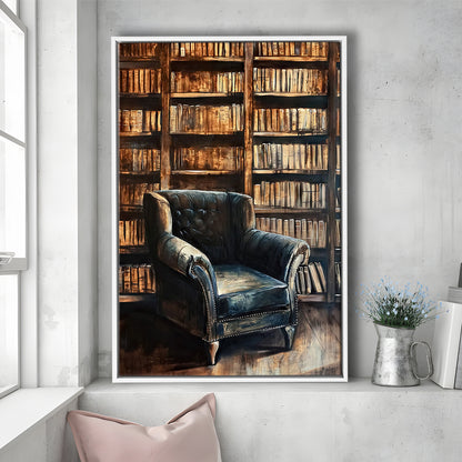 Moody Vintage Library Oil Painting Vintage Antique Print Books Art, Framed Canvas Print Wall Art, Floating Frame