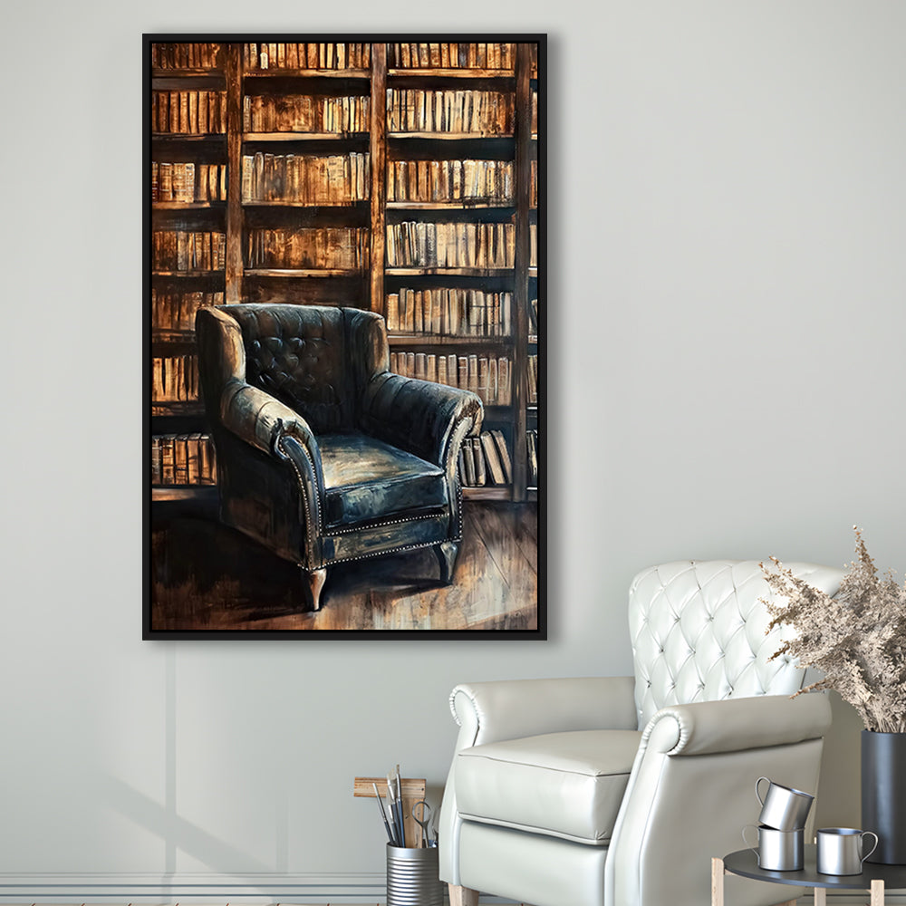 Moody Vintage Library Oil Painting Vintage Antique Print Books Art, Framed Canvas Print Wall Art, Floating Frame