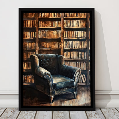Moody Vintage Library Oil Painting Vintage Antique Print Books Art, Framed Canvas Print Wall Art, Floating Frame