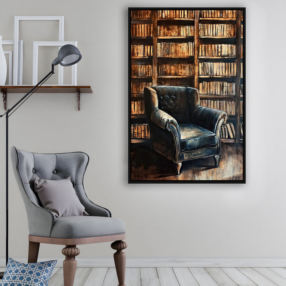 Moody Vintage Library Oil Painting Vintage Antique Print Books Art, Framed Canvas Print Wall Art, Floating Frame