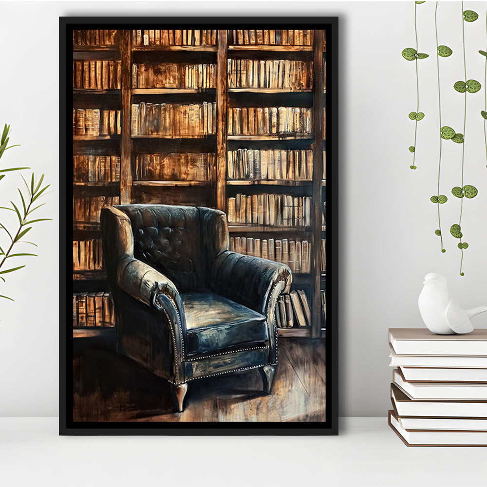 Moody Vintage Library Oil Painting Vintage Antique Print Books Art, Framed Canvas Print Wall Art, Floating Frame