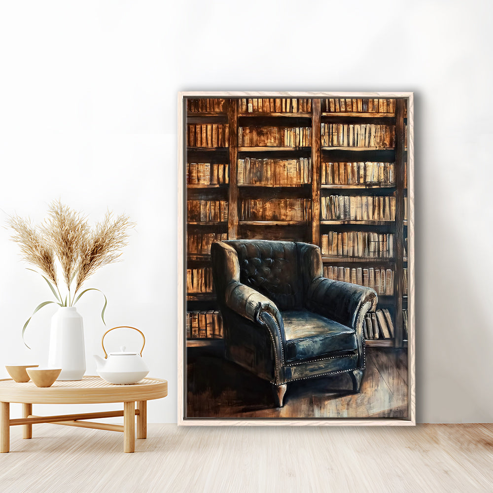 Moody Vintage Library Oil Painting Vintage Antique Print Books Art, Framed Canvas Print Wall Art, Floating Frame