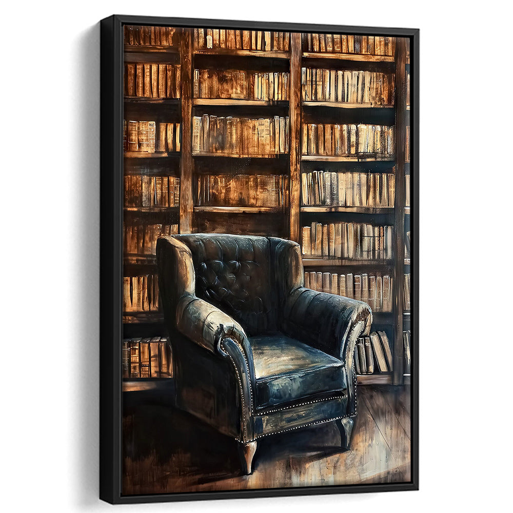 Moody Vintage Library Oil Painting Vintage Antique Print Books Art, Framed Canvas Print Wall Art, Floating Frame