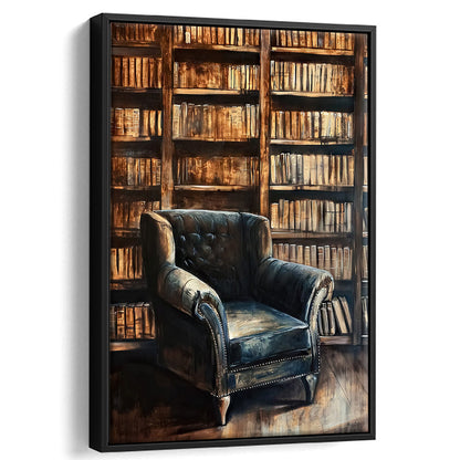 Moody Vintage Library Oil Painting Vintage Antique Print Books Art, Framed Canvas Print Wall Art, Floating Frame