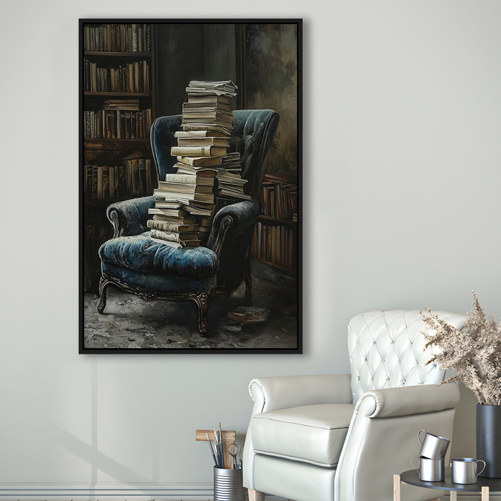 Moody Vintage Library Oil Painting Vintage Antique Print, Framed Canvas Print Wall Art, Floating Frame