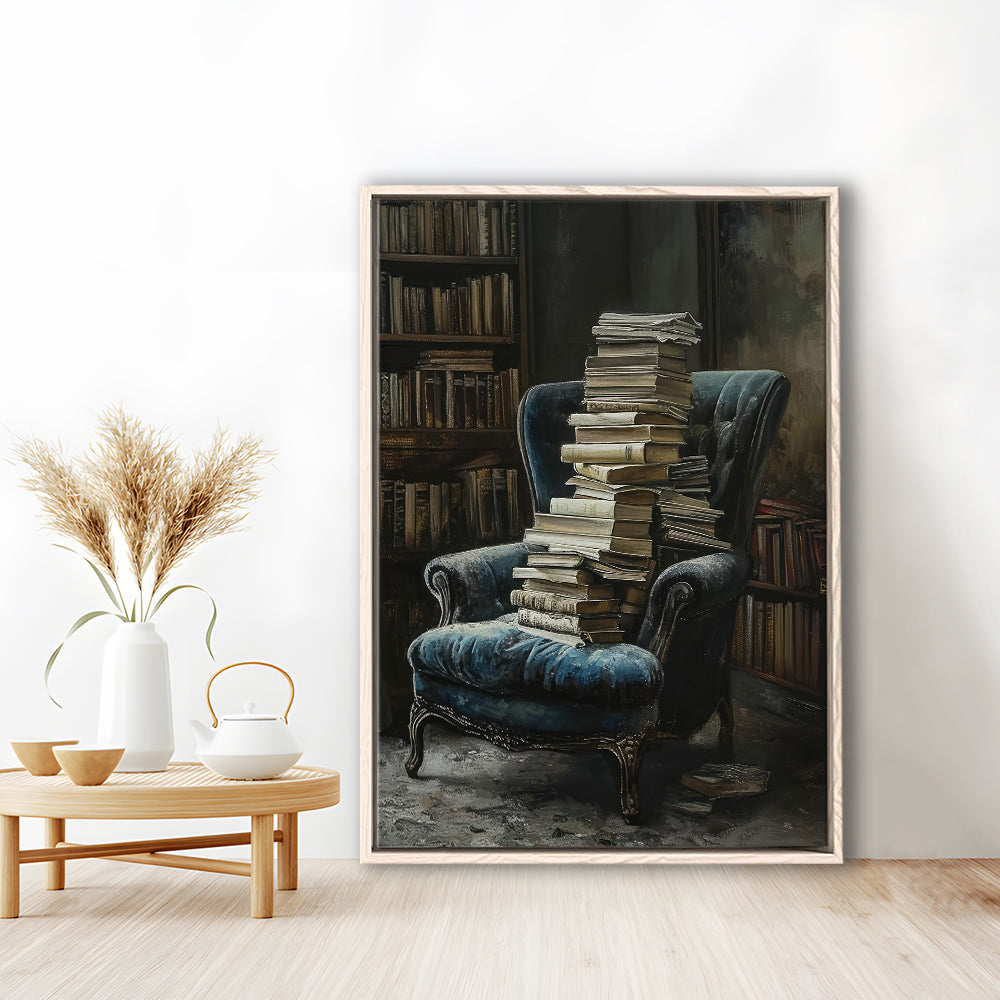 Moody Vintage Library Oil Painting Vintage Antique Print, Framed Canvas Print Wall Art, Floating Frame