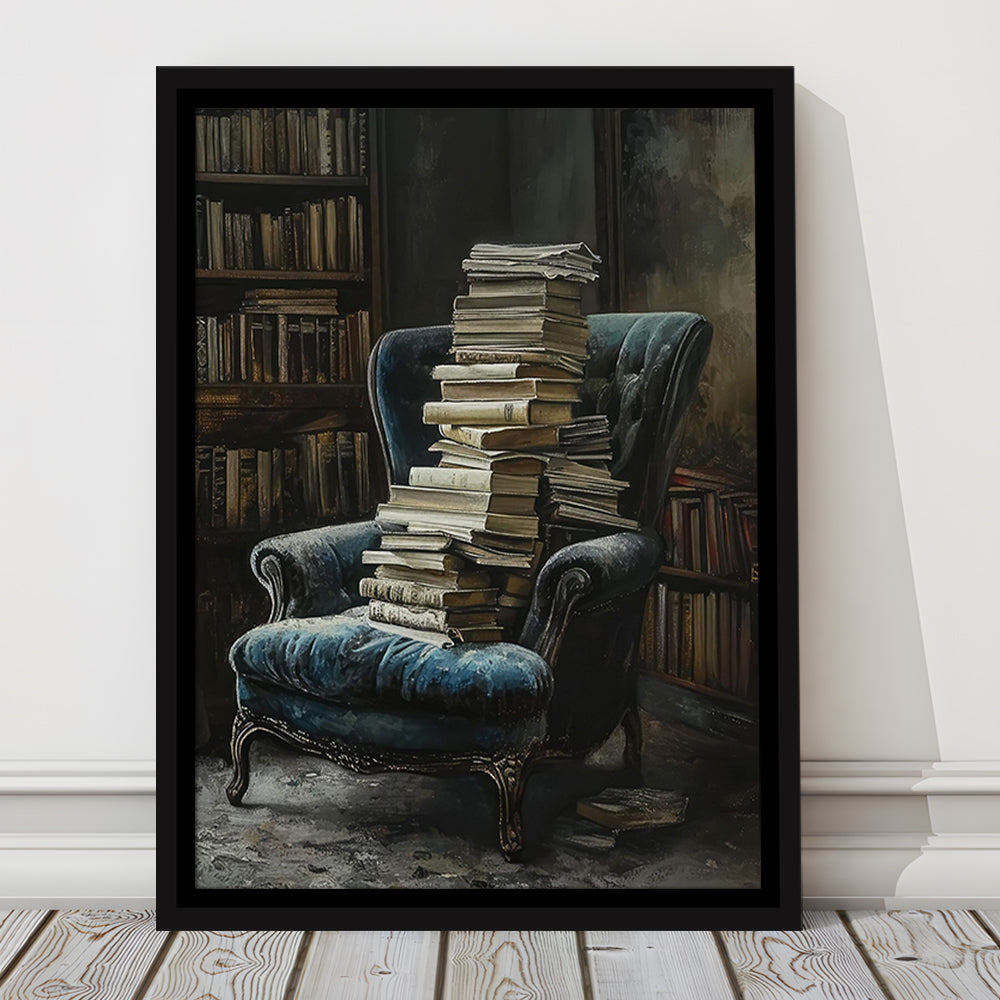 Moody Vintage Library Oil Painting Vintage Antique Print, Framed Canvas Print Wall Art, Floating Frame