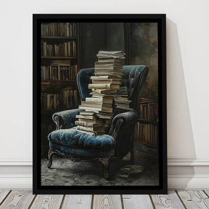 Moody Vintage Library Oil Painting Vintage Antique Print, Framed Canvas Print Wall Art, Floating Frame
