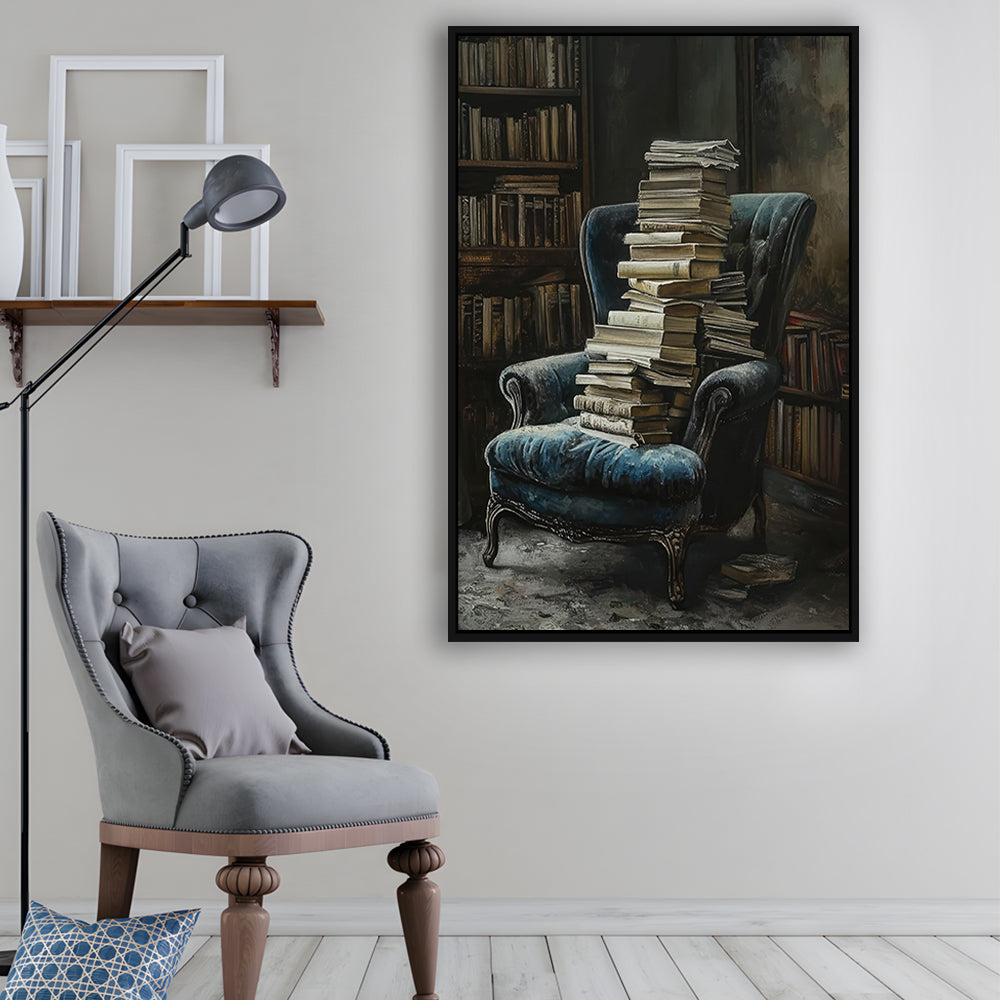 Moody Vintage Library Oil Painting Vintage Antique Print, Framed Canvas Print Wall Art, Floating Frame