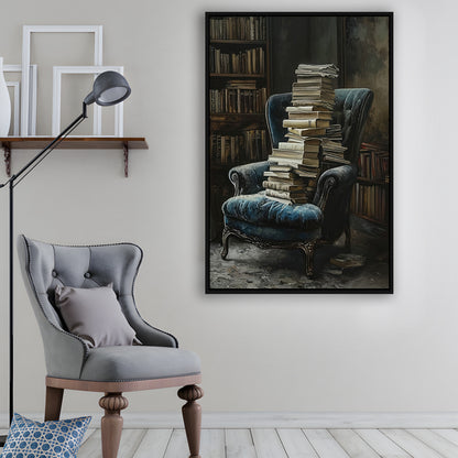 Moody Vintage Library Oil Painting Vintage Antique Print, Framed Canvas Print Wall Art, Floating Frame
