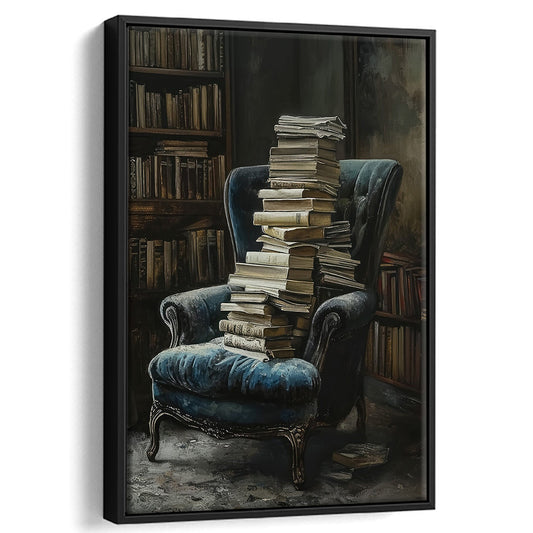 Moody Vintage Library Oil Painting Vintage Antique Print, Framed Canvas Print Wall Art, Floating Frame