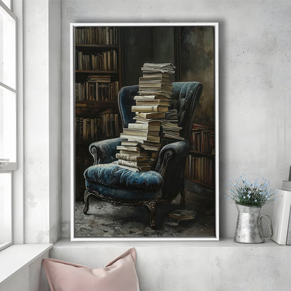 Moody Vintage Library Oil Painting Vintage Antique Print, Framed Canvas Print Wall Art, Floating Frame