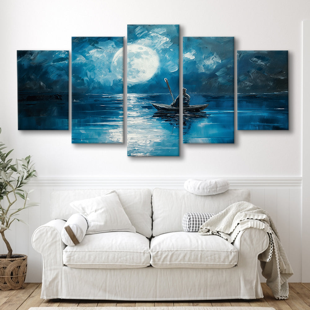 Moon Reflection On The Water DarkBlue, Canvas Art Decor Print, Painting Art, Mixed Panels Canvas Print Wall Art