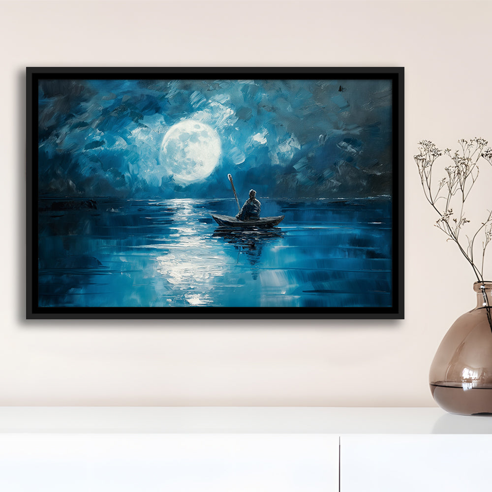 Moon Reflection On The Water DarkBlue, Framed Canvas Print, Painting Art, Floating Framed Canvas Print Wall Art