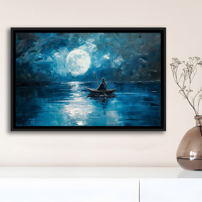 Moon Reflection On The Water DarkBlue, Framed Canvas Print, Painting Art, Floating Framed Canvas Print Wall Art