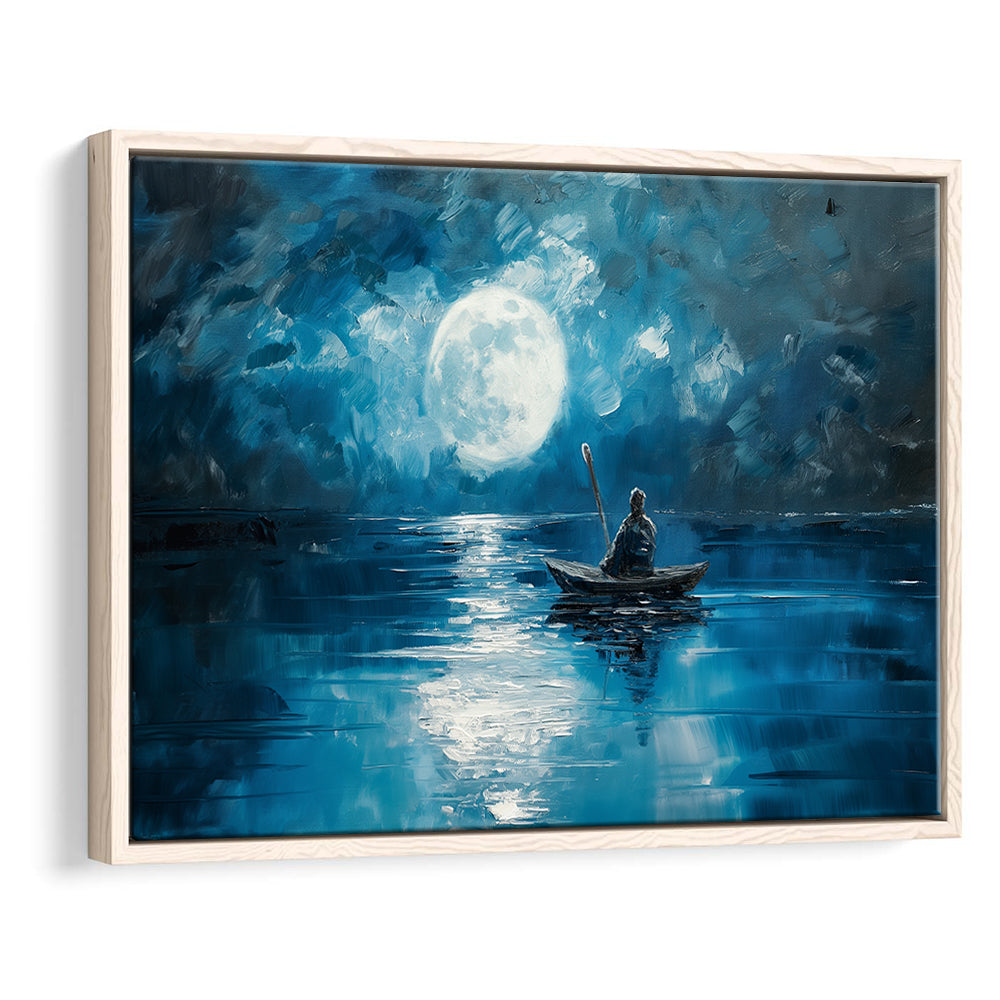 Moon Reflection On The Water DarkBlue, Framed Canvas Print, Painting Art, Floating Framed Canvas Print Wall Art