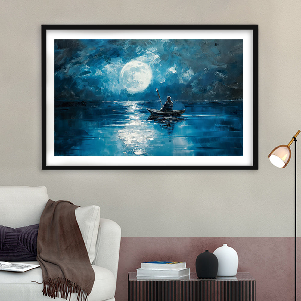 Moon Reflection On The Water DarkBlue, Framed  Print, Painting Art, Framed Art Print White Border Wall Decor