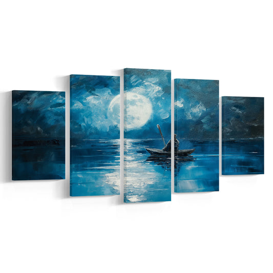 Moon Reflection On The Water DarkBlue, Canvas Art Decor Print, Painting Art, Mixed Panels Canvas Print Wall Art