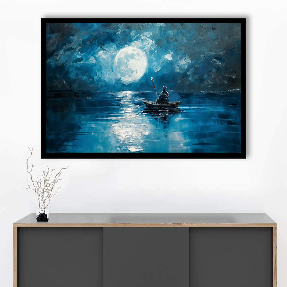 Moon Reflection On The Water DarkBlue, Framed  Print, Painting Art, Framed Art Print Wall Decor, Framed Picture