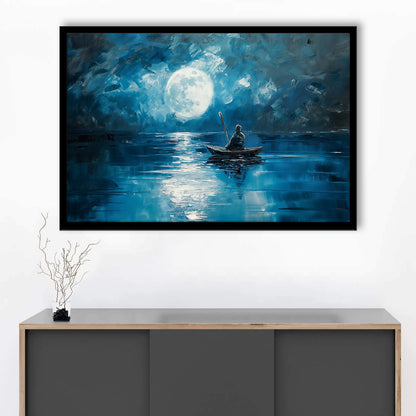 Moon Reflection On The Water DarkBlue, Framed  Print, Painting Art, Framed Art Print Wall Decor, Framed Picture