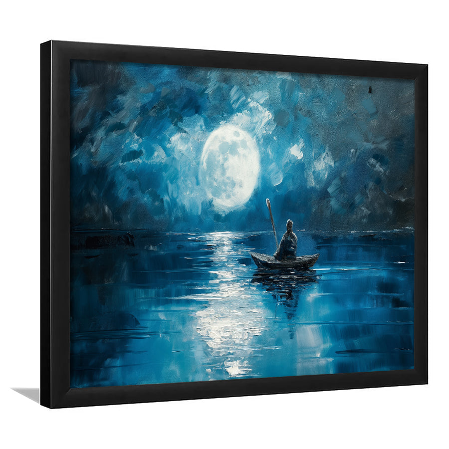 Moon Reflection On The Water DarkBlue, Framed  Print, Painting Art, Framed Art Print Wall Decor, Framed Picture