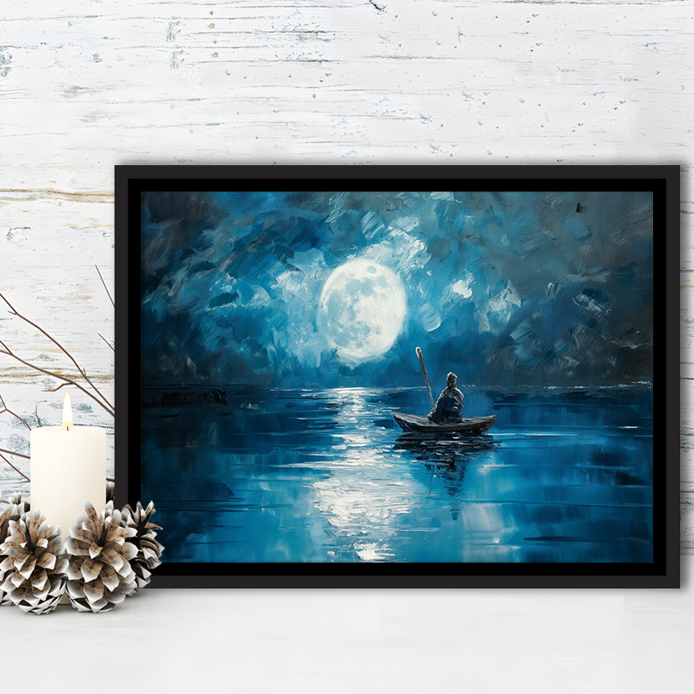 Moon Reflection On The Water DarkBlue, Framed Canvas Print, Painting Art, Floating Framed Canvas Print Wall Art