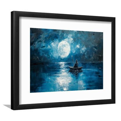 Moon Reflection On The Water DarkBlue, Framed  Print, Painting Art, Framed Art Print White Border Wall Decor