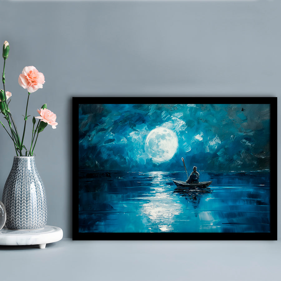 Moon Reflection On The Water DarkBlue, Framed  Print, Painting Art, Framed Art Print Wall Decor, Framed Picture