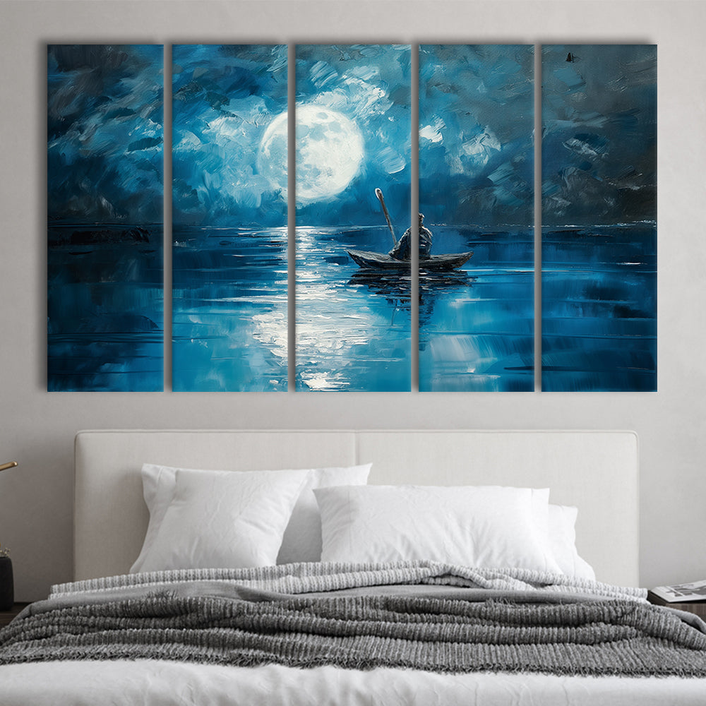 Moon Reflection On The Water DarkBlue, Canvas Art Print, Painting Art, Multi Panels Canvas Print Wall Art