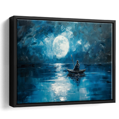 Moon Reflection On The Water DarkBlue, Framed Canvas Print, Painting Art, Floating Framed Canvas Print Wall Art